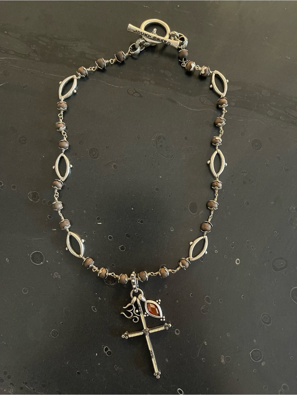 Lucky Brand Silver-Tone Necklace with Brown Beads and Cross Charm